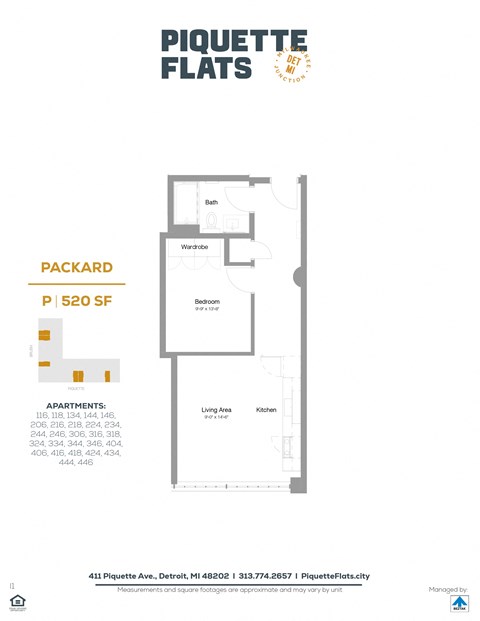 Floor plan for 1 bed, 1 bath, 520 sqft